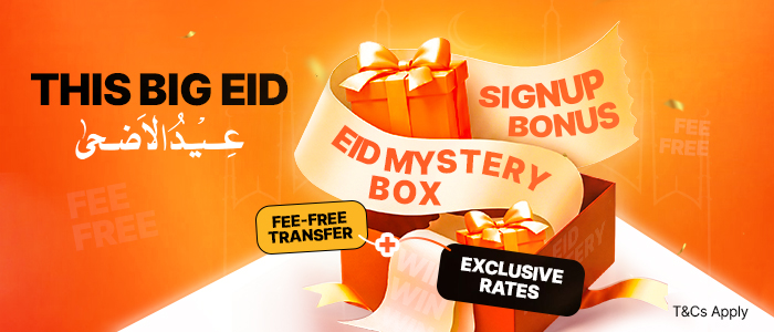 Eid-ul-Adha campaign banner showing Remit Choice lucky draw promotion where customers send money and refer friends to win a special Eid mystery box reward.